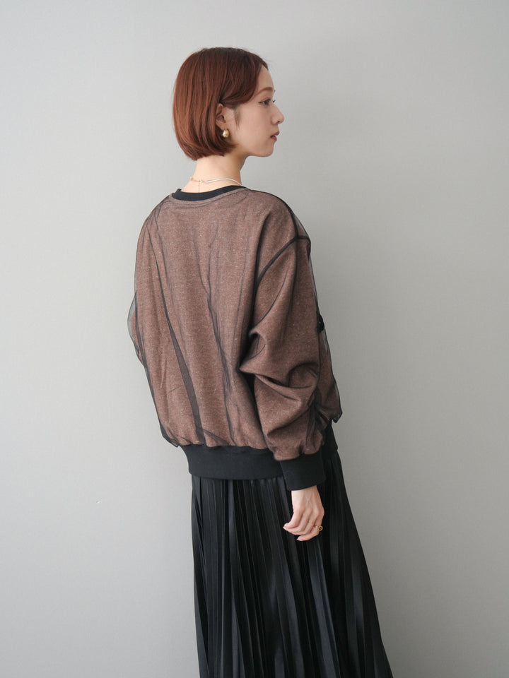 [SET]チュールレイヤードロゴスエットプルオーバー+サテンプリーツマキシスカート(2set)