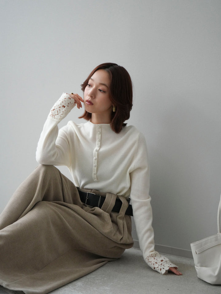[SET]袖スカラップレースフロントボタンウールニットトップス+ベルトデザインループコールテンワイドパンツ(ベルト付き)(2set)