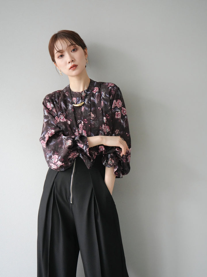 [予約]フラワーフリルブラウス/ブラウン