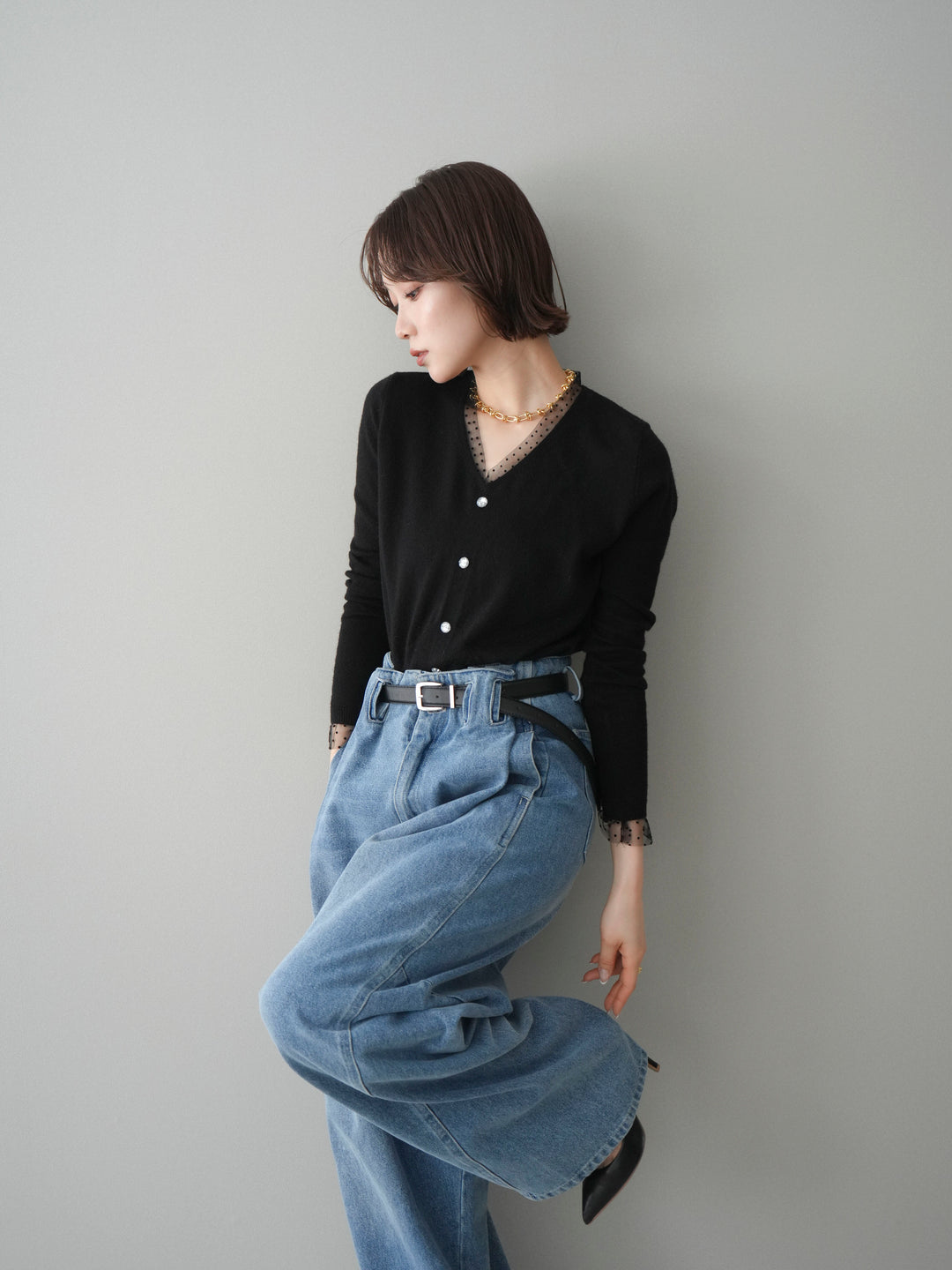 [予約]ドットチュールレイヤードニットプルオーバー/black