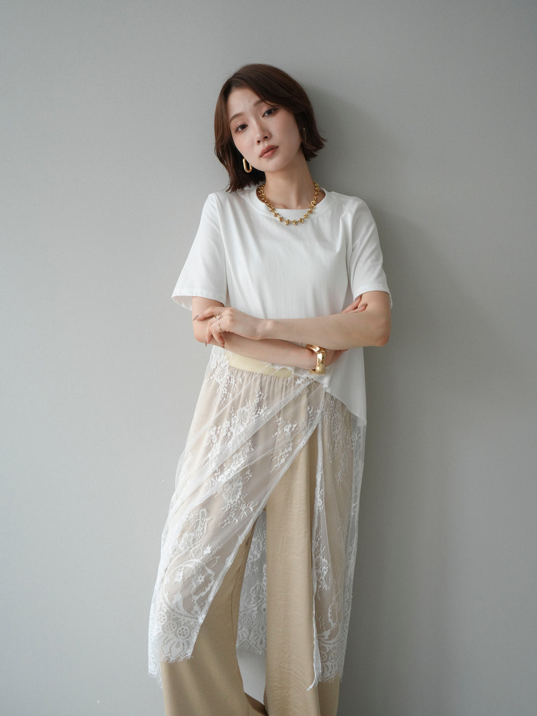 [SET]レースドッキングレイヤードワンピースTEE+とろみサテンイージーパンツ(2set)