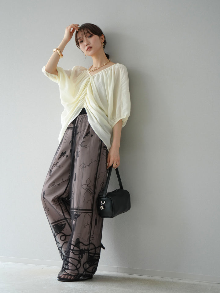 [SET]ボリュームスリーブシアータックブラウス+コード刺繍チュールレイヤードパンツ(2set)