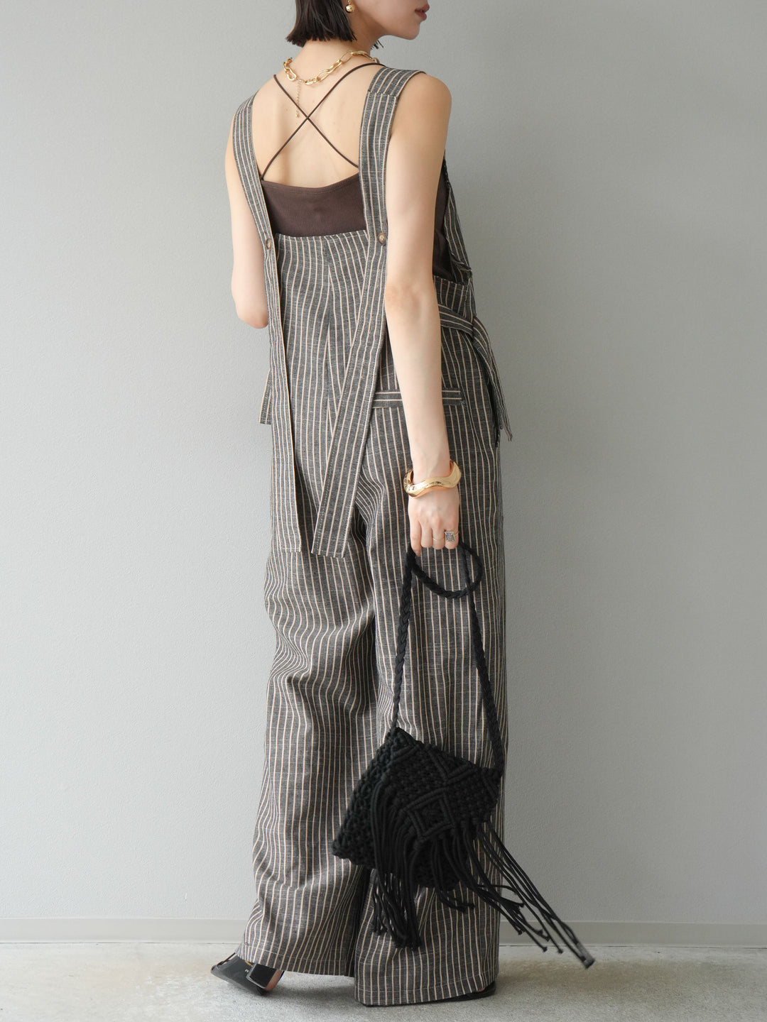 【預購】皮帶設計工裝褲/條紋