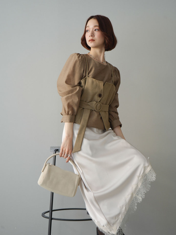 [SET]異素材ビスチェドッキングブラウス+センターシームフレアパンツ+サテンライクアシメレーススカート(3set)