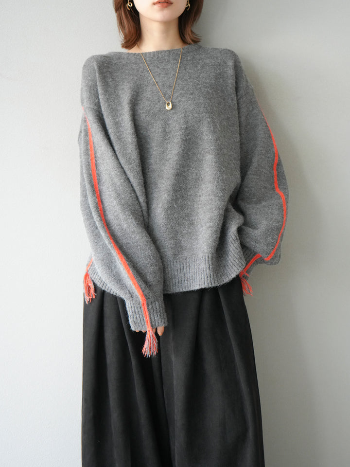 [予約]配色ステッチフリンジニットプルオーバー /チャコール