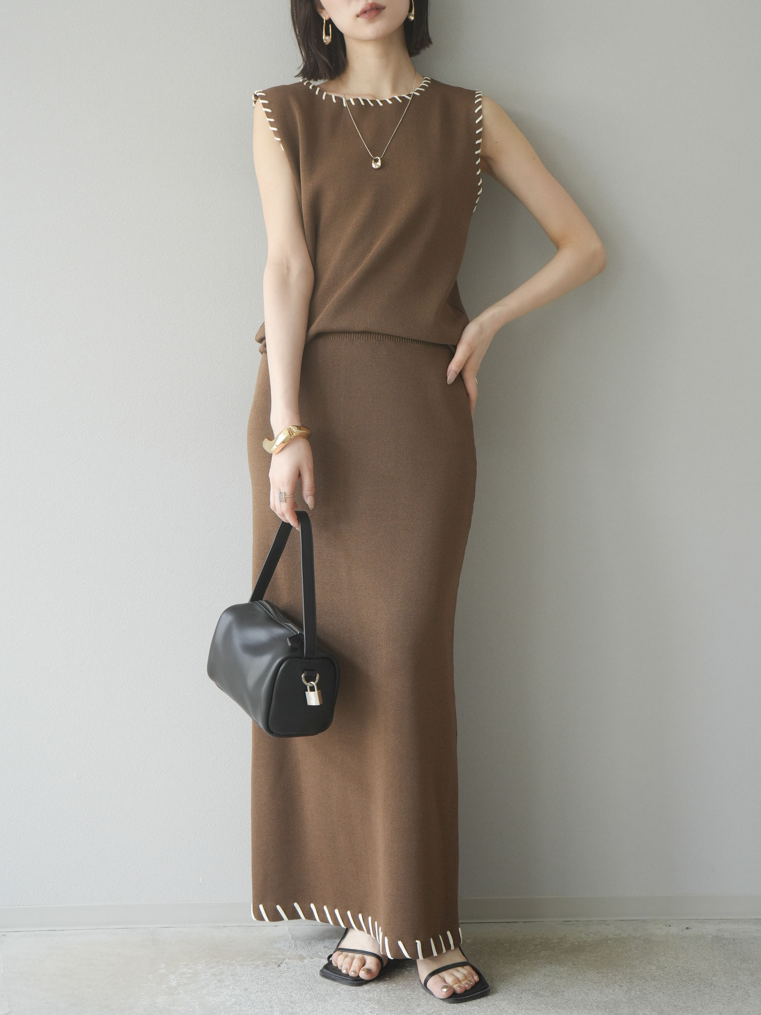 予約]リネンタッチハンドステッチニットタイトスカート/モカ – Lumier