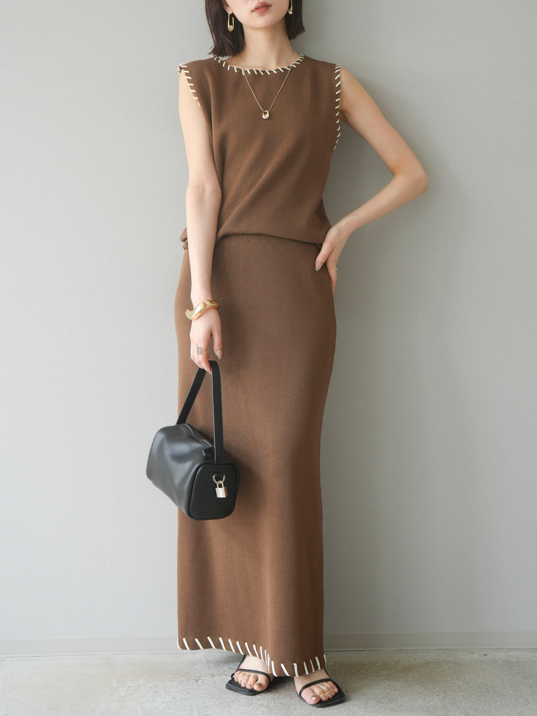 [予約]リネンタッチハンドステッチニットタイトスカート/モカ