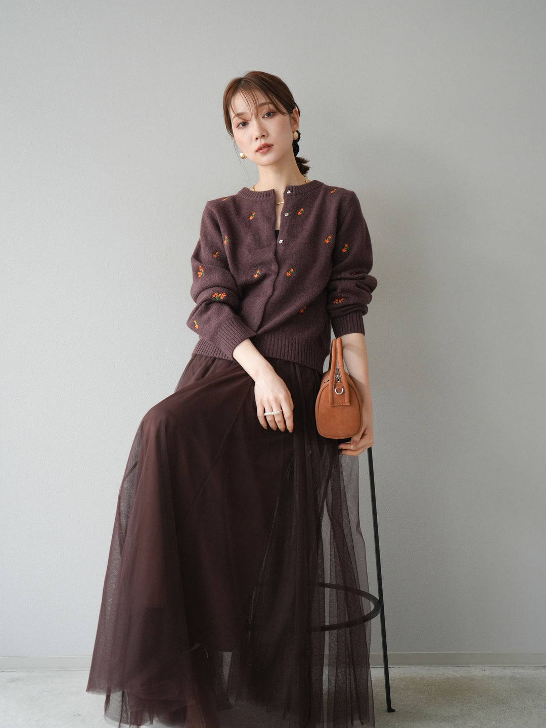 [SET]フラワー刺繍ニットカーディガン+チュールボリュームスカート(2set)