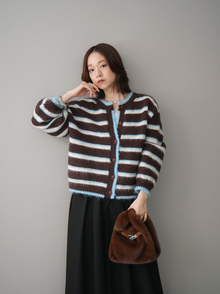 [SET]ウールタッチ配色ボーダーニットカーディガン+テープベルトタックバギーパンツ(2set)