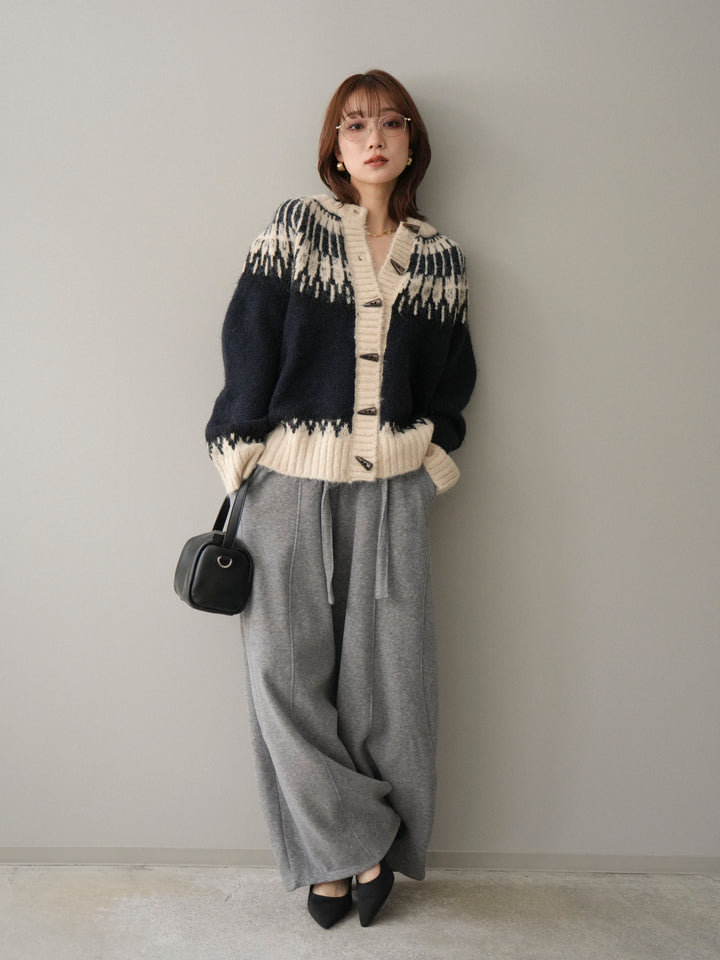 [SET]トグルボタン求心柄ニットカーディガン+ウエストベルトカーブラインスエットパンツ(2set)