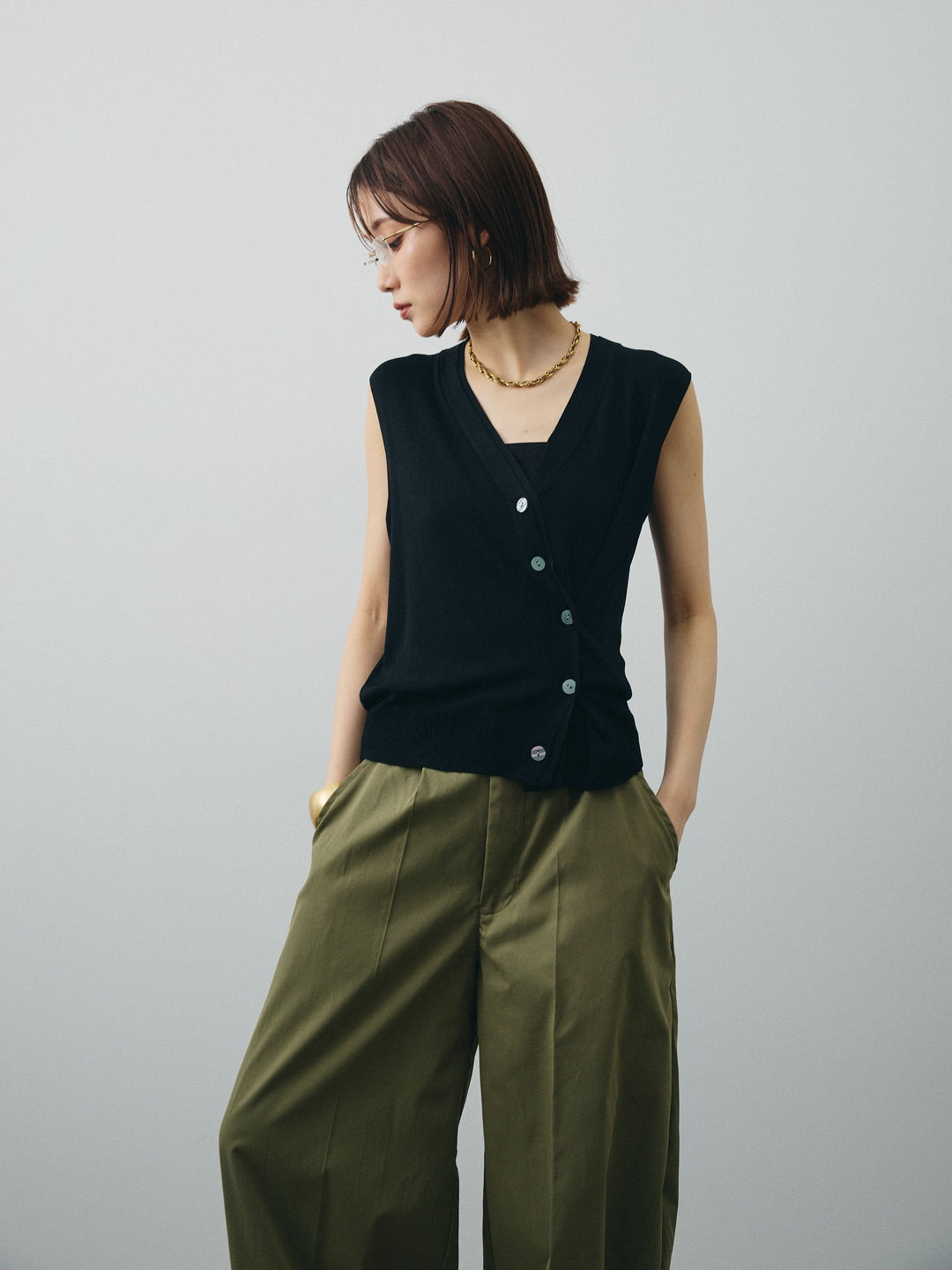 [SET]クールタッチ2WAYデザインニットベスト+コクーンワイドチノパンツ(2set)