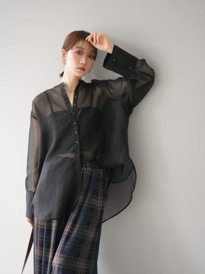 [予約]シャイニーシアーバンドカラーシャツ/ブラック