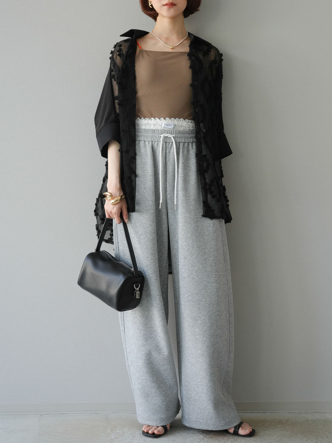 [預購] 混合材質透視半身襯衫/黑色