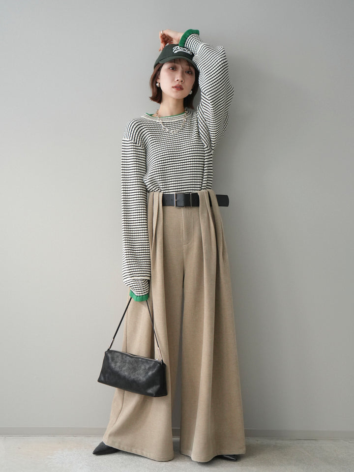 [SET]ラメ異素材ボーダーリブニットプルオーバー+ベルトデザインループコールテンワイドパンツ(ベルト付き)(2set)