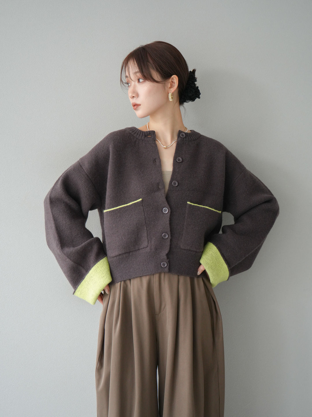 【SET】雙色針織開襟衫+褶襉設計寬褲（2套）