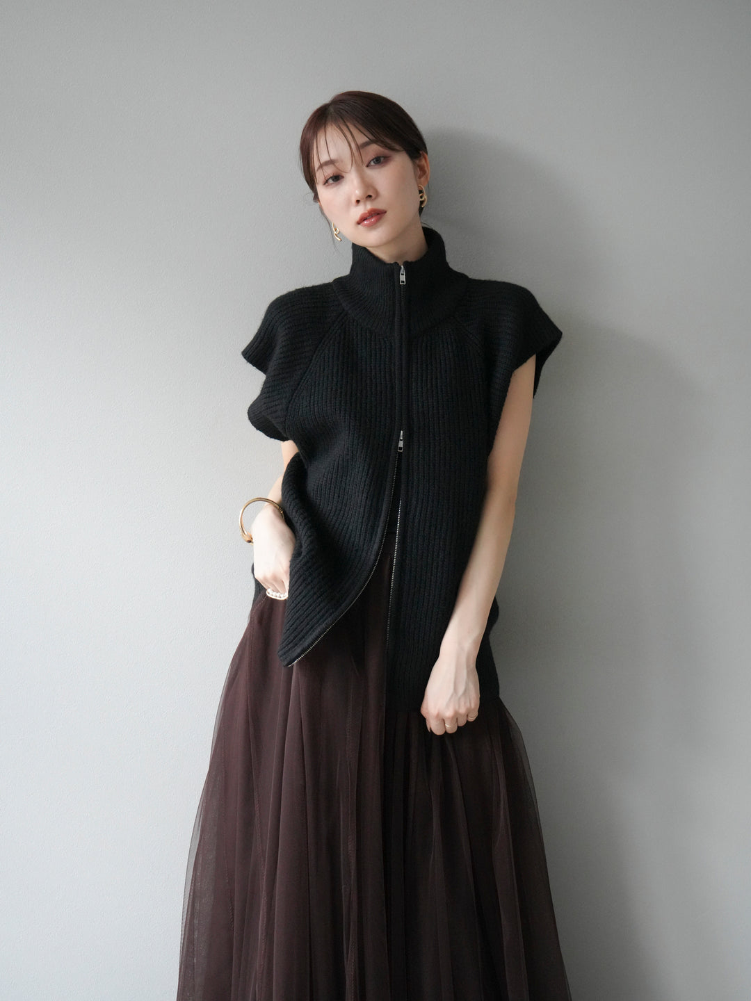 [予約]ダブルZIPハイネック畦編みニットベスト/ブラック