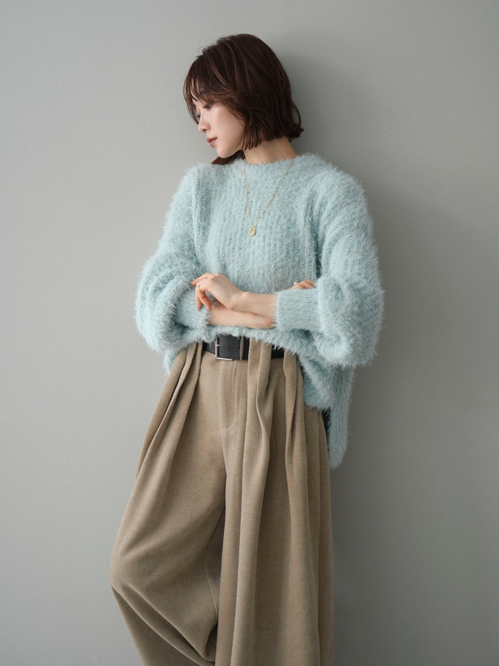 [SET]ボリュームスリーブシャギー MIXニットプルオーバー+ベルトデザインループコールテンワイドパンツ(ベルト付き)(2set)