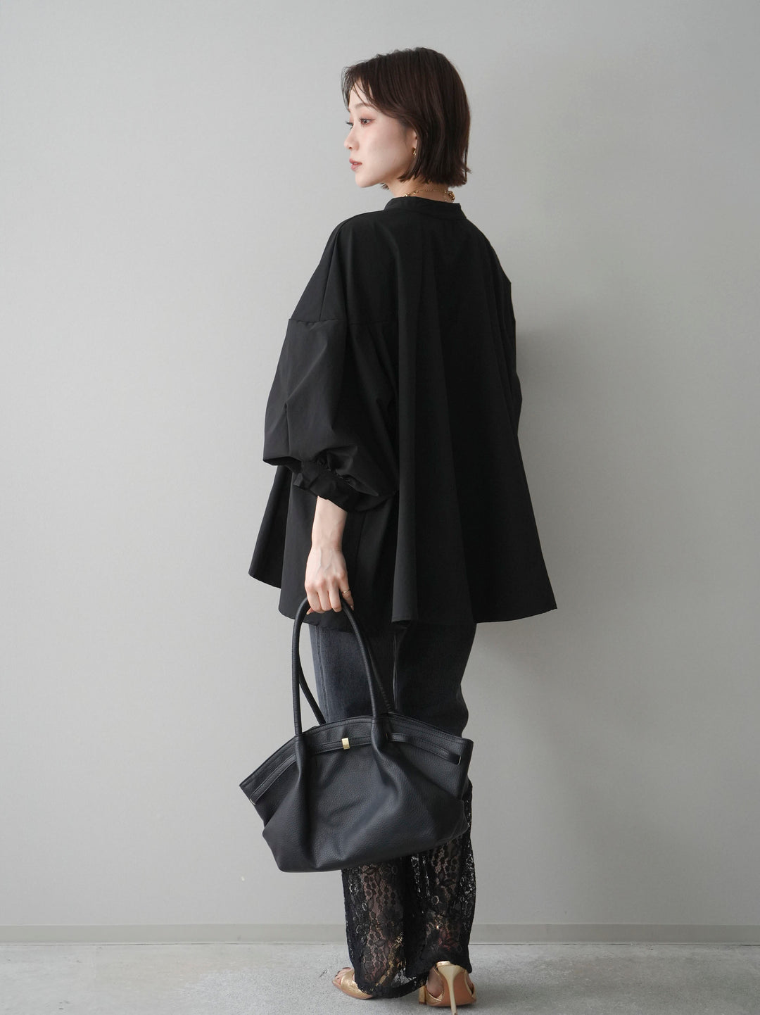 [予約]レース切替フレアデニムパンツ/black