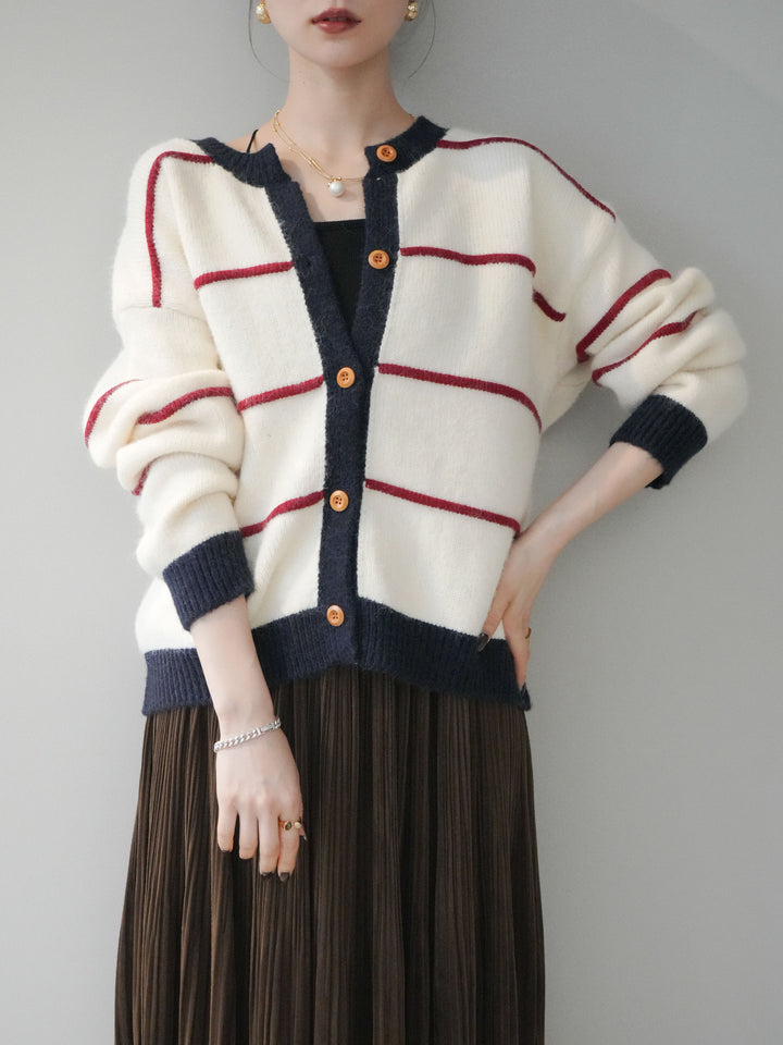[予約]配色ボーダーニットカーディガン/red