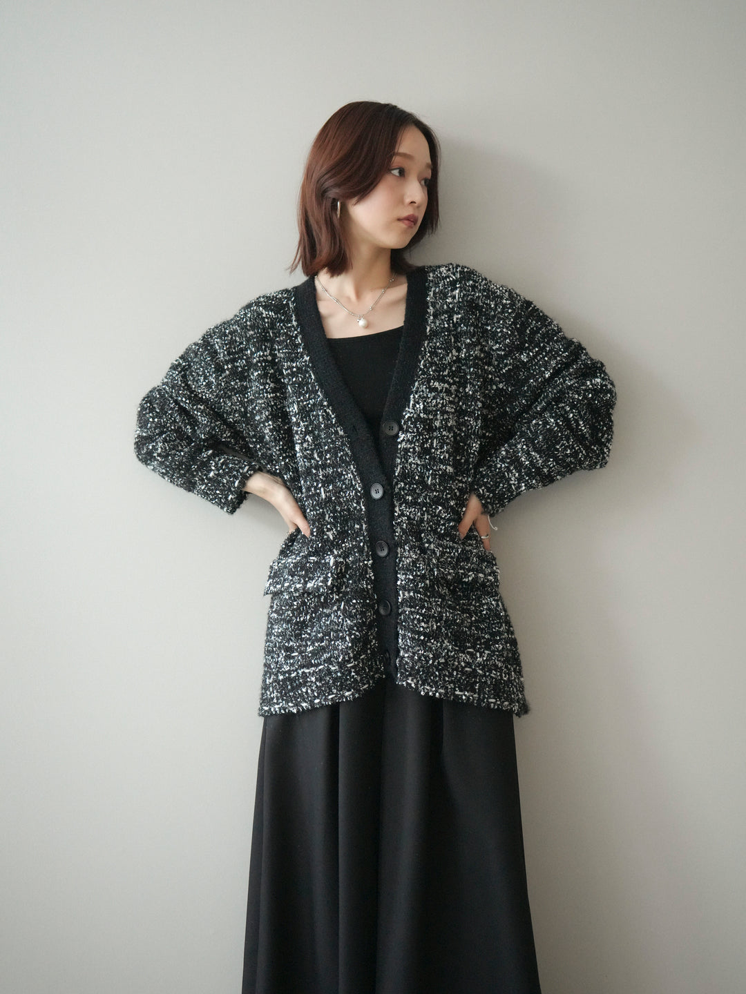 [SET]モールネップニットカーディガン+テープベルトタックバギーパンツ(2set)