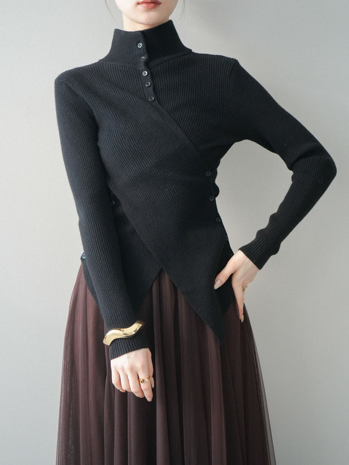 [予約]クロスデザインボトルネックリブニットトップス/black