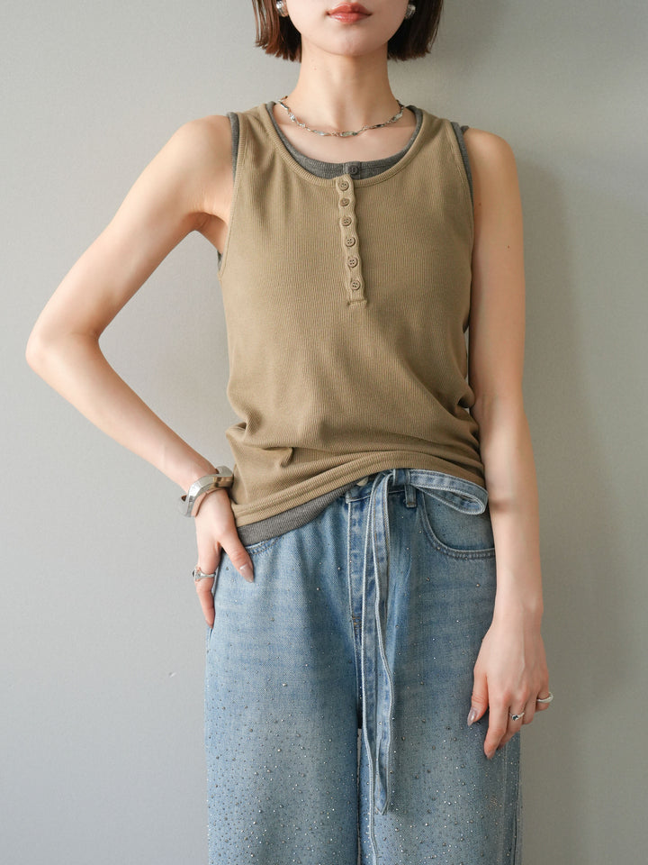 [SET]配色リブヘンリータンクトップ+ウエストベルトビジューワイドデニムパンツ(2set)