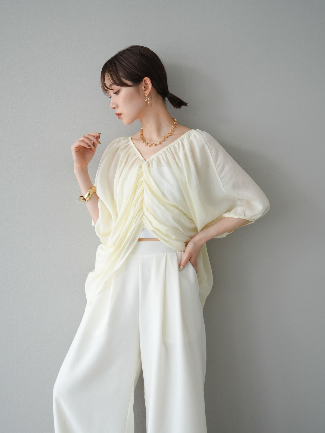 [SET]ボリュームスリーブシアータックブラウス+リネンライクイージーワイドパンツ(2set)