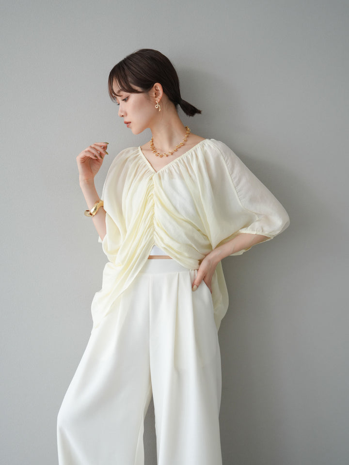 [SET]ボリュームスリーブシアータックブラウス+リネンライクイージーワイドパンツ(2set)