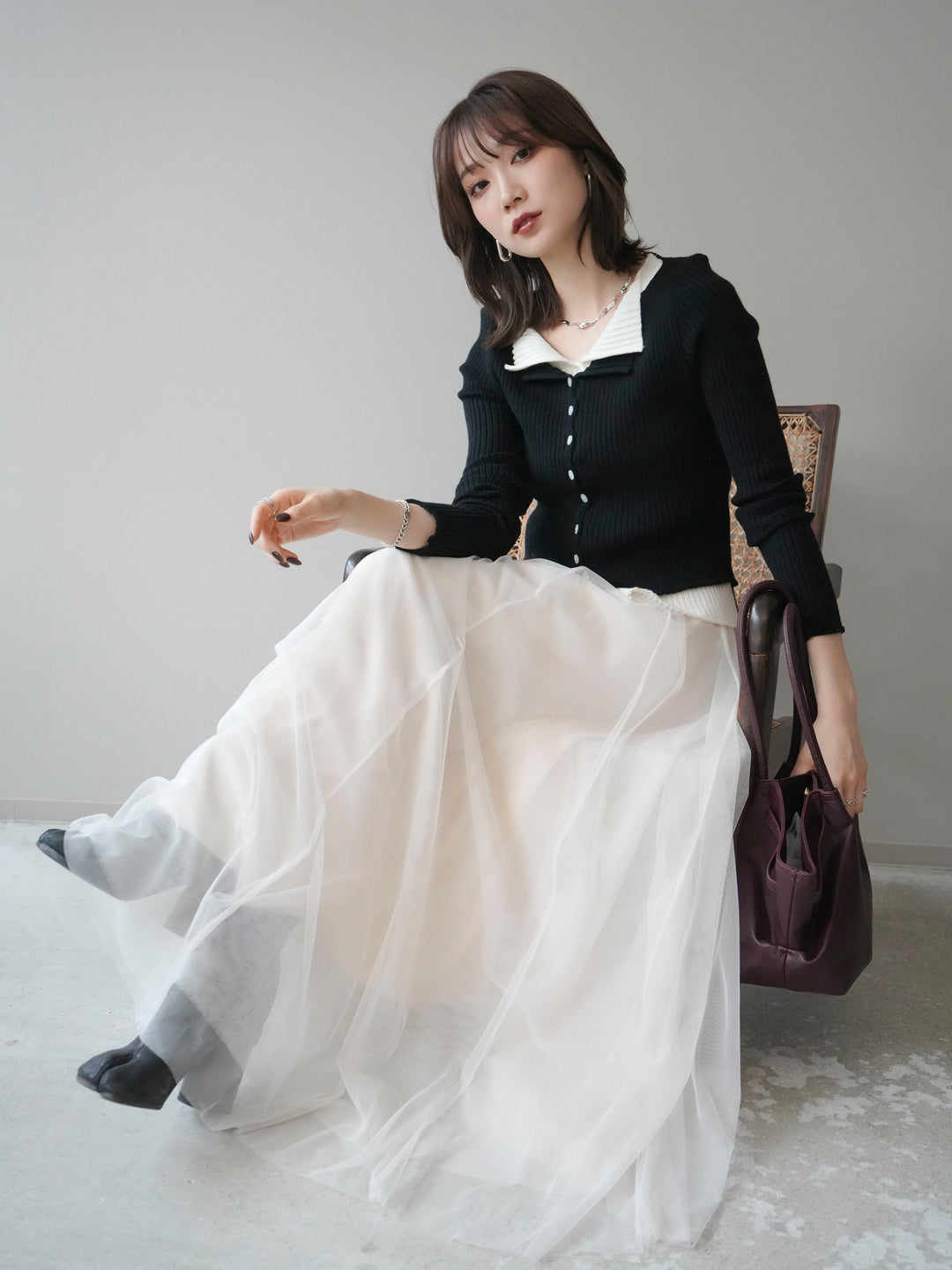 [予約]配色レイヤードリブニットカーディガン/black