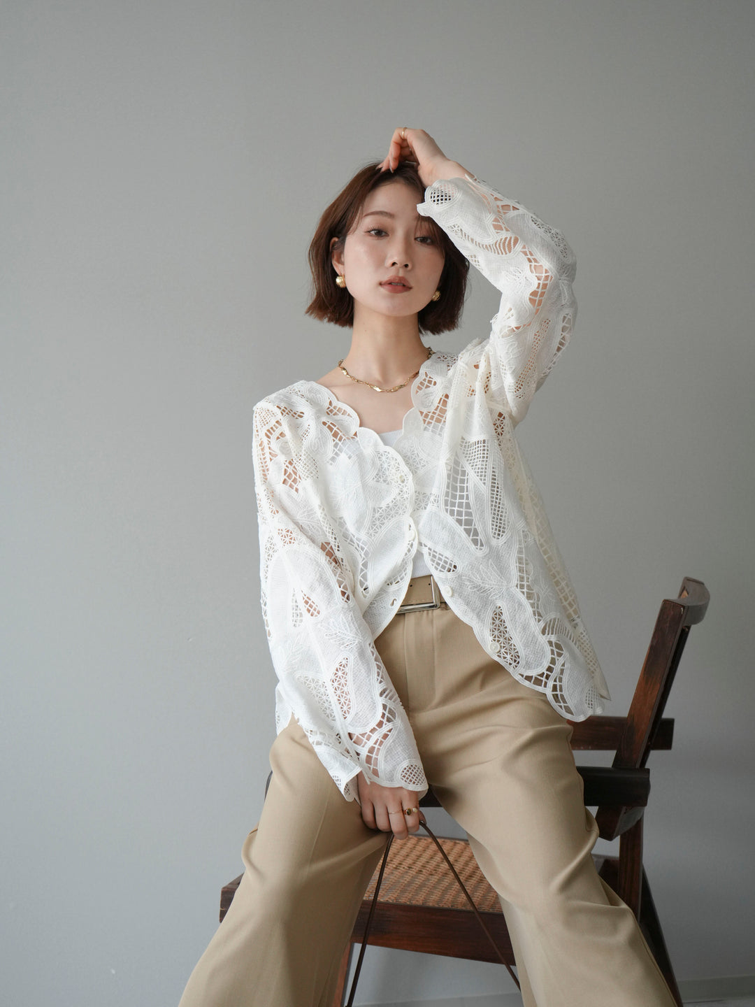 [予約]立体レーススカラップブラウス/white