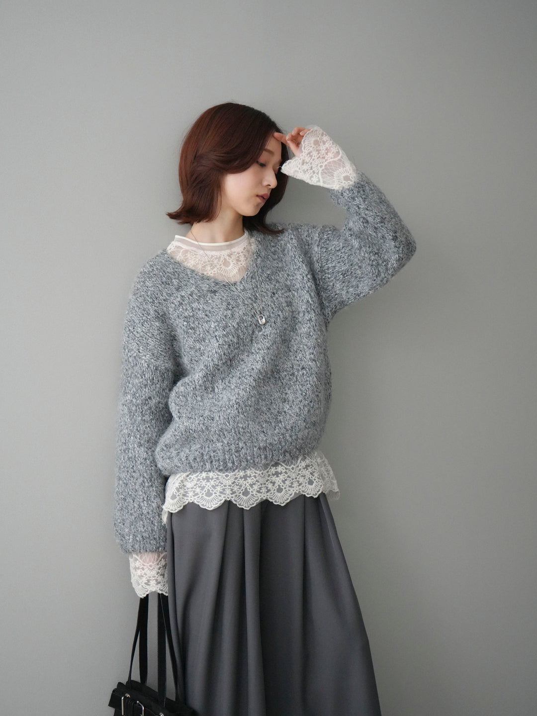 [SET]Vネックミックスヤーンニットプルオーバー+テープベルトタックバギーパンツ(2set)