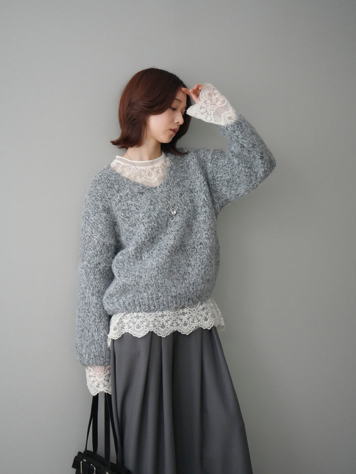 [SET]Vネックミックスヤーンニットプルオーバー+テープベルトタックバギーパンツ(2set)