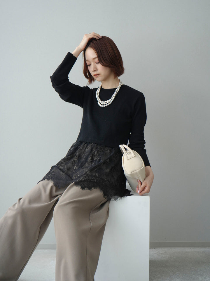 [SET]クルーネックレースドッキングリブニットトップス+ベルト付キーホルダーモチーフワイドパンツ(2set)
