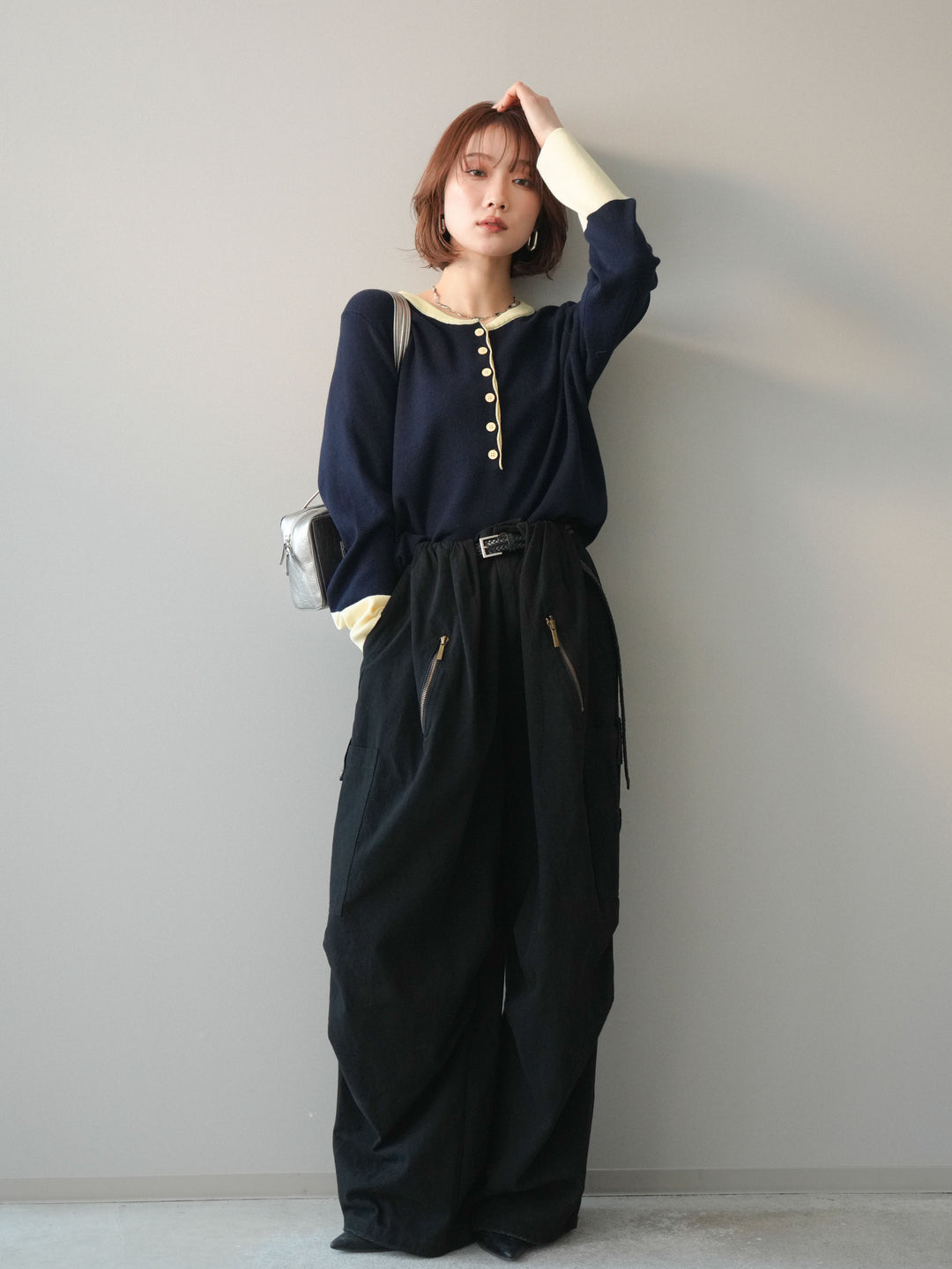 [SET]ヘンリーネック配色ニットソー+コットンタックループパンツ(2set)