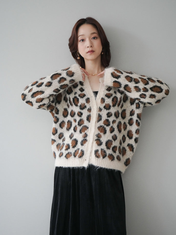 [SET]モヘアタッチレオパード柄ニットカーディガン+ワッシャーベロアプリーツスカート(2set)