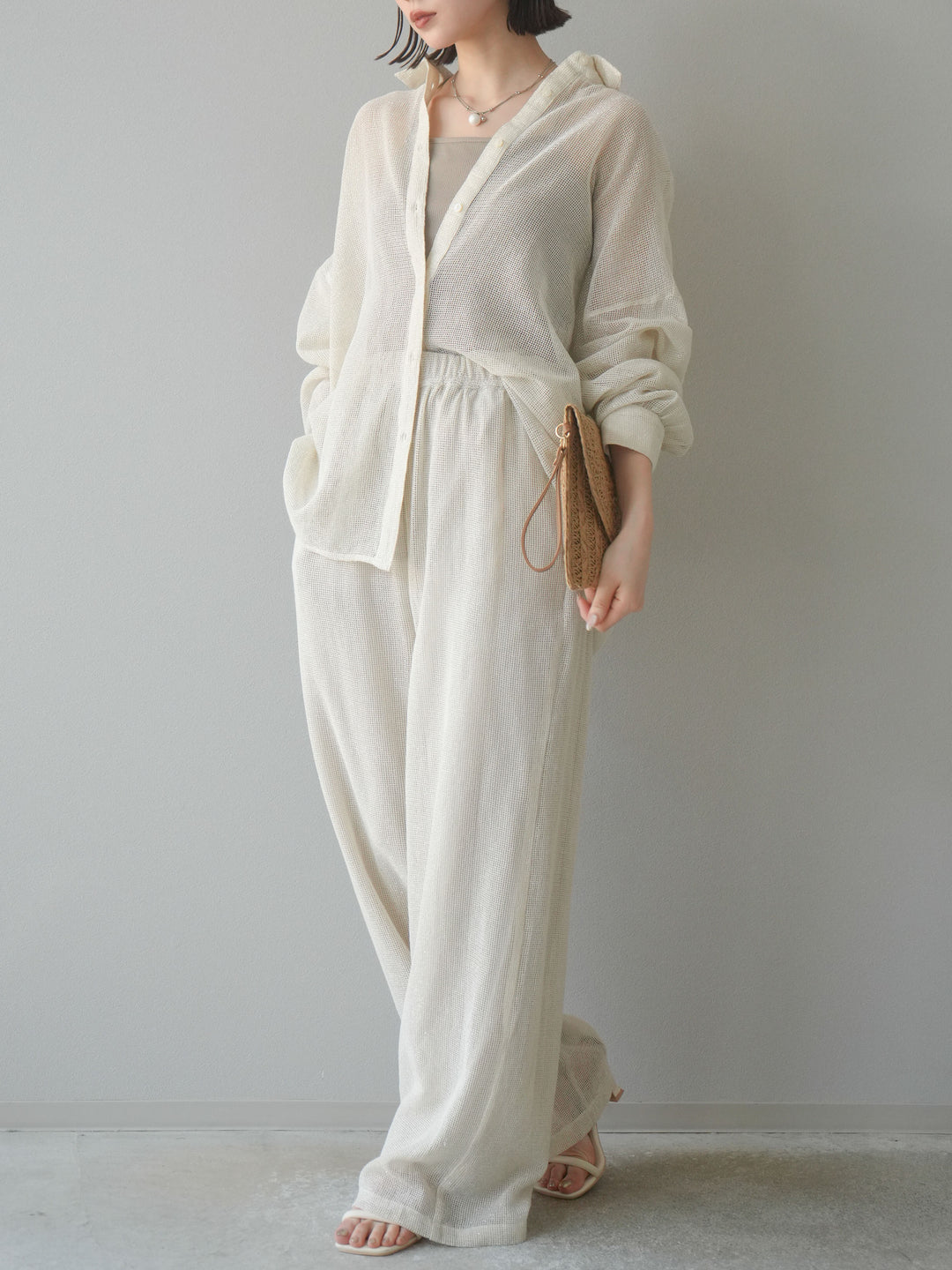 [預購] 棉質金銀絲網眼休閒褲/象牙白