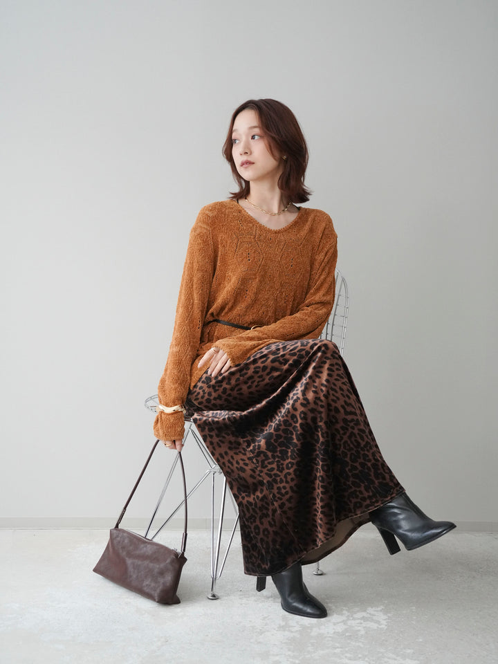 [SET]モール透かし編みニットトップス+レオパードベロアナロースカート(2set)