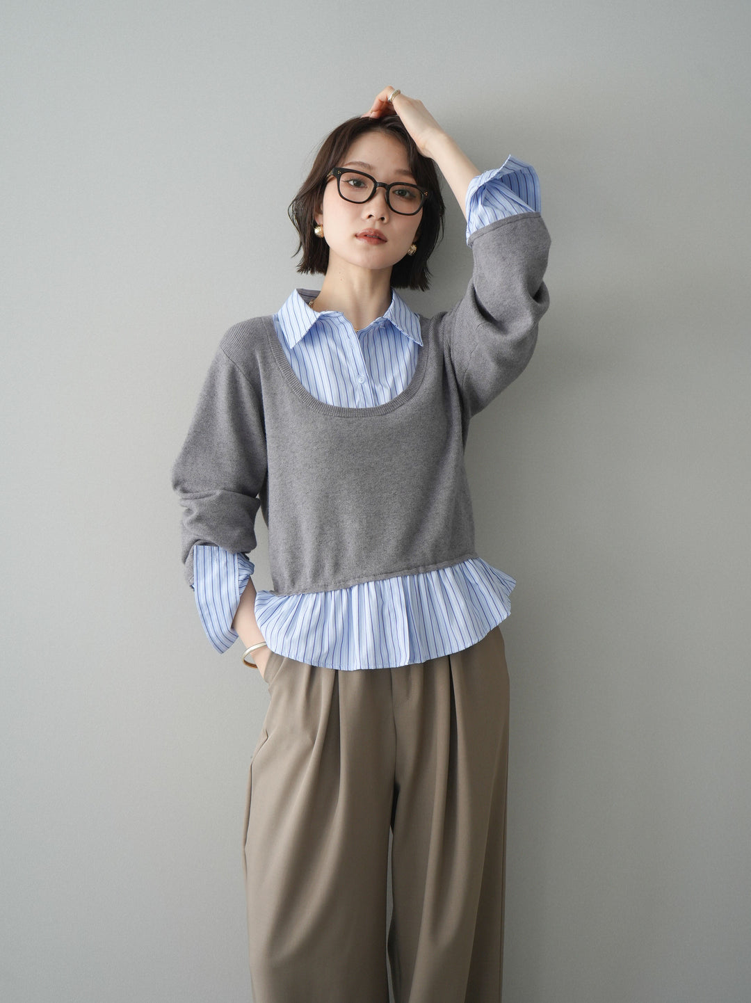 [予約]ストライプシャツUネックドッキングニットプルオーバー/graybluestripeA