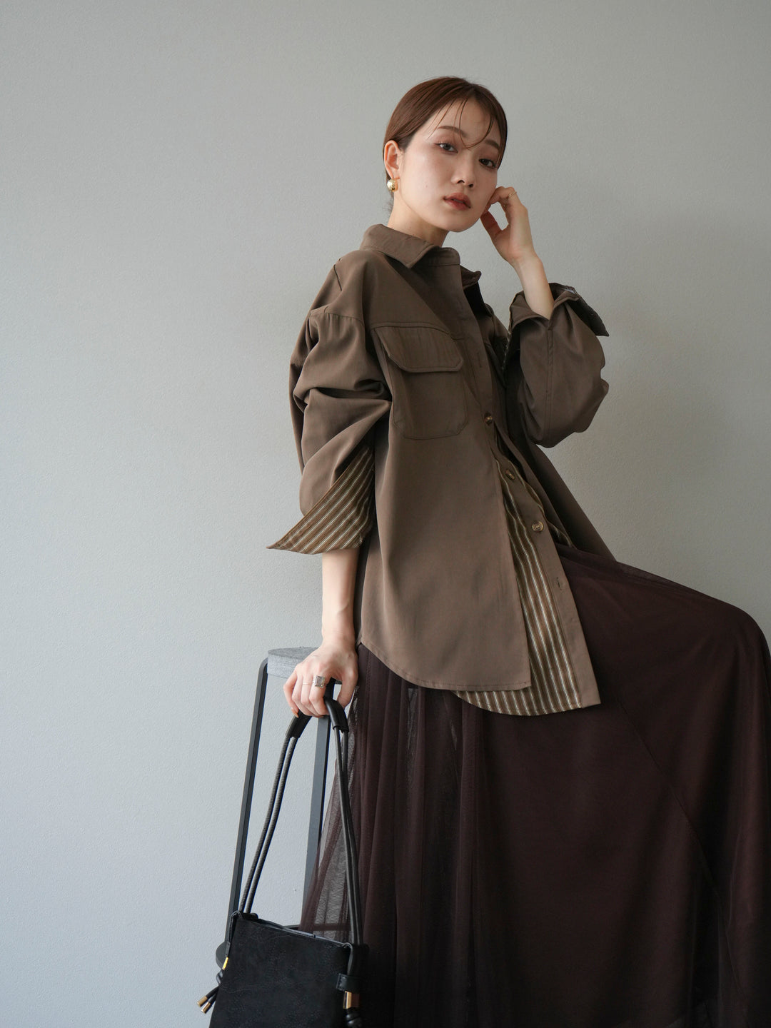 [予約]ストライプレイヤードシャツ/ブラウン