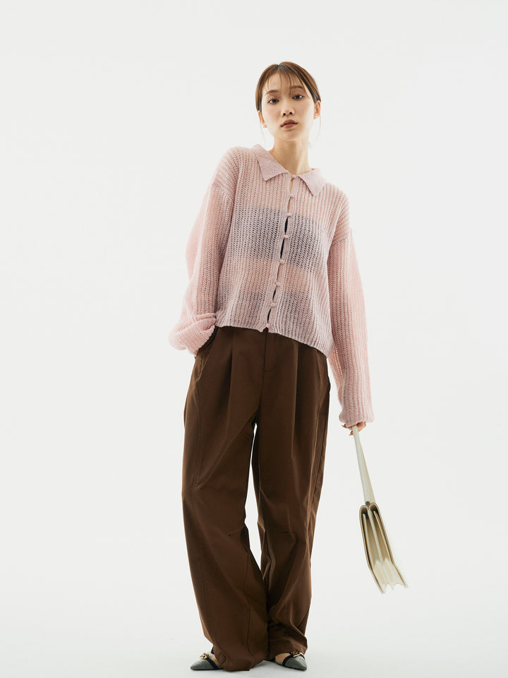 【Allure】[SET]起毛片畦編みシアーポロニット+タフタワイドカーブパンツ(2set)