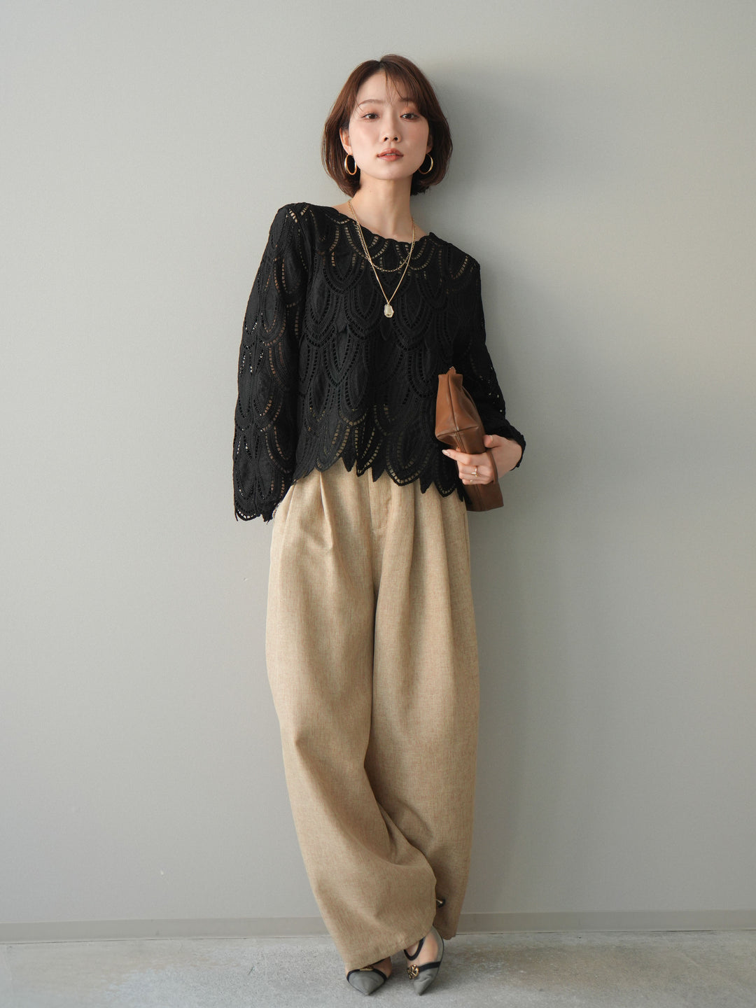 [予約]リネンライクタックワイドパンツ/beige