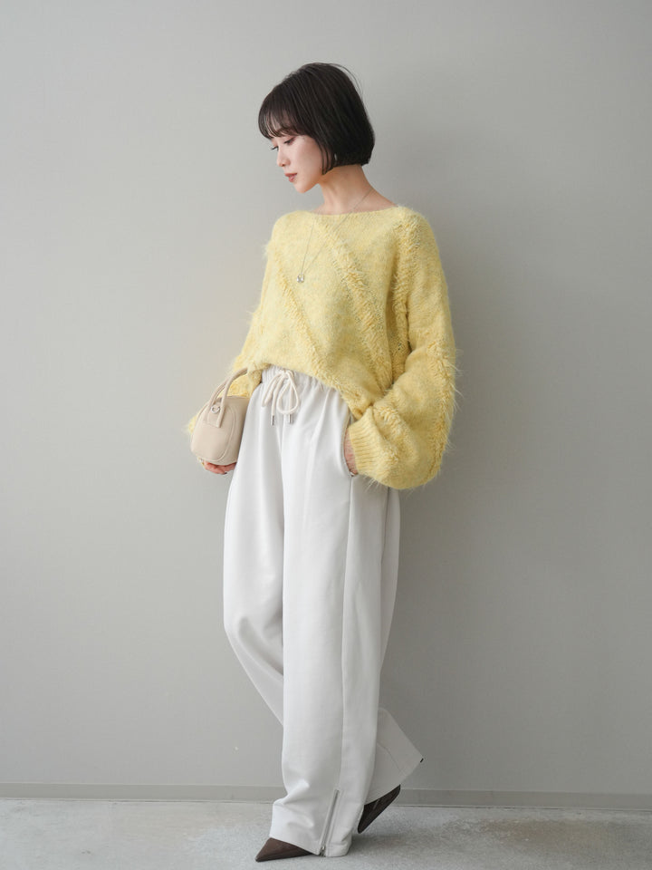 [SET]シャギーデザインニットプルオーバー+裾ZIPスエットワイドパンツ(2set)