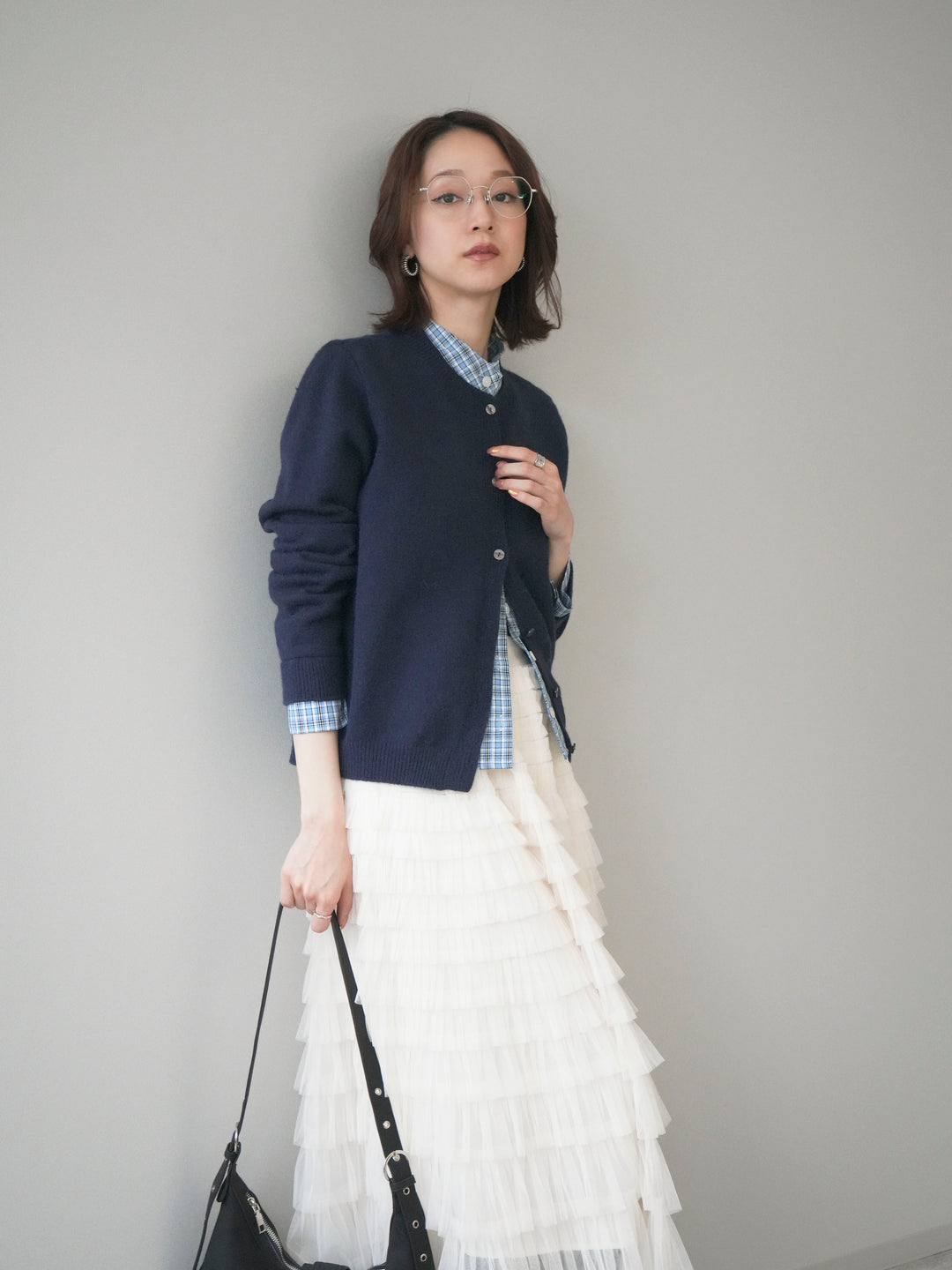 [予約]チェックシャツレイヤードデザインニットカーディガン/navy