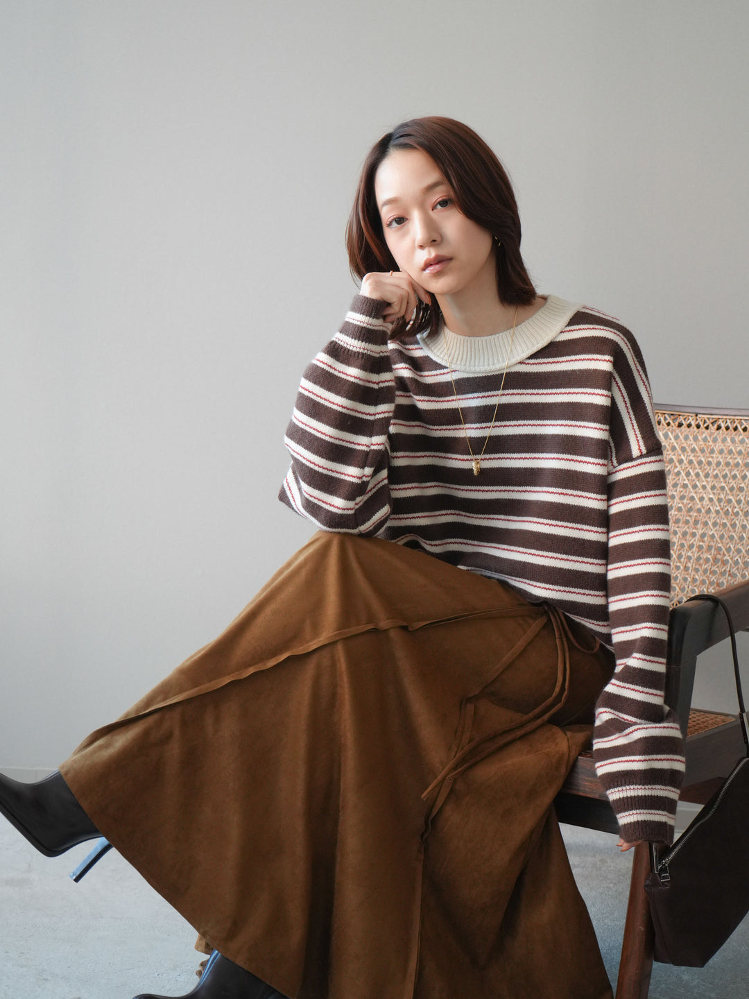 [予約]モックネックボーダーニットプルオーバー/brown