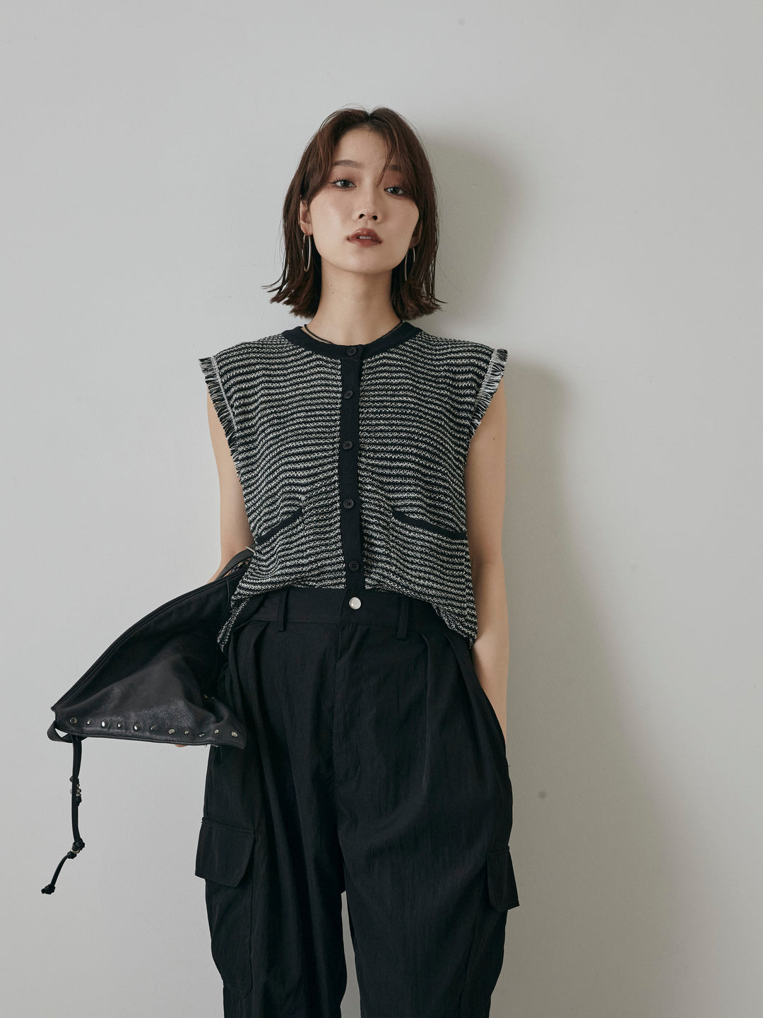 [予約]ボーダー袖フリンジニットベスト/ブラック