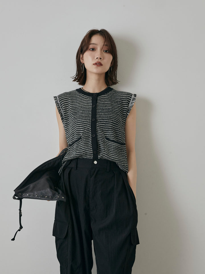[予約]ボーダー袖フリンジニットベスト/ブラック