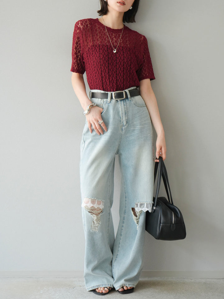 【預購】剪裁蕾絲T卹/波爾多紅