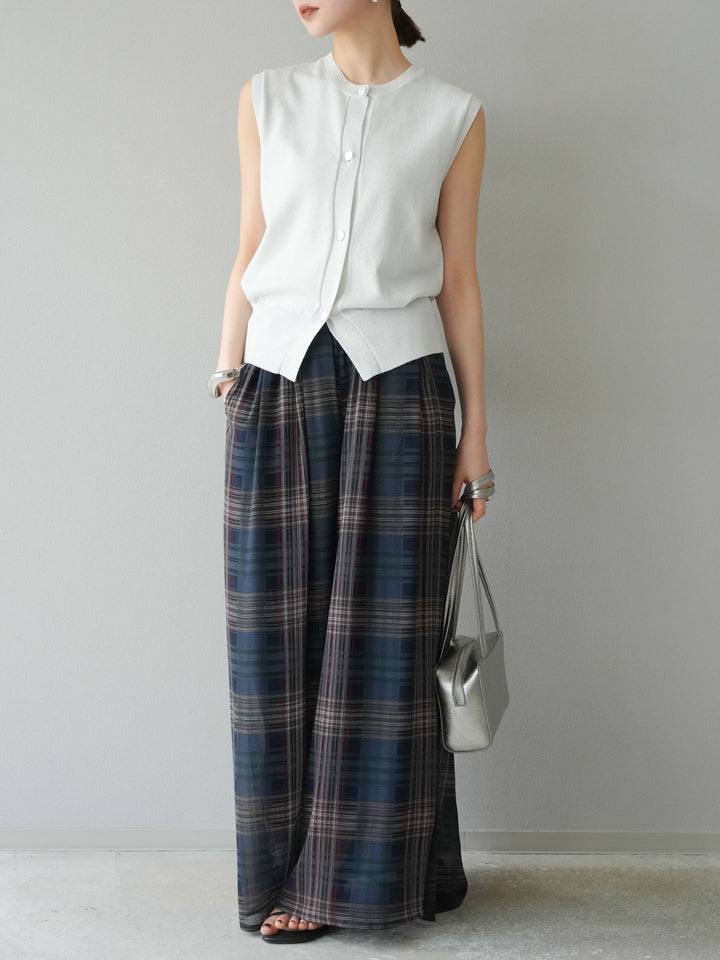 [SET] 金銀絲針織背心 + 透視格紋寬鬆褲 (2 件套)