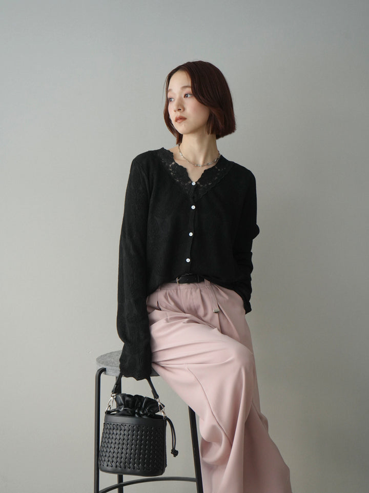 [SET]レースネックジャガードニットカーディガン+ベルト付キーホルダーモチーフワイドパンツ(2set)