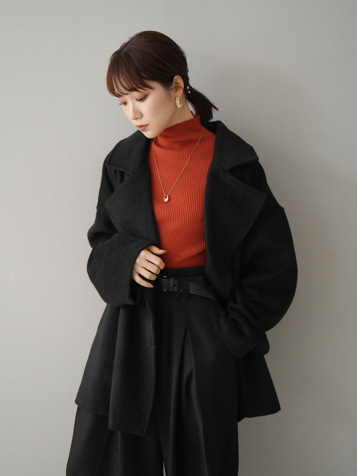 [SET]フェイクビーバーミドルコート+袖ボタンハイネックリブニットトップス+ベルト付ウールタッチワイドパンツL(3set)